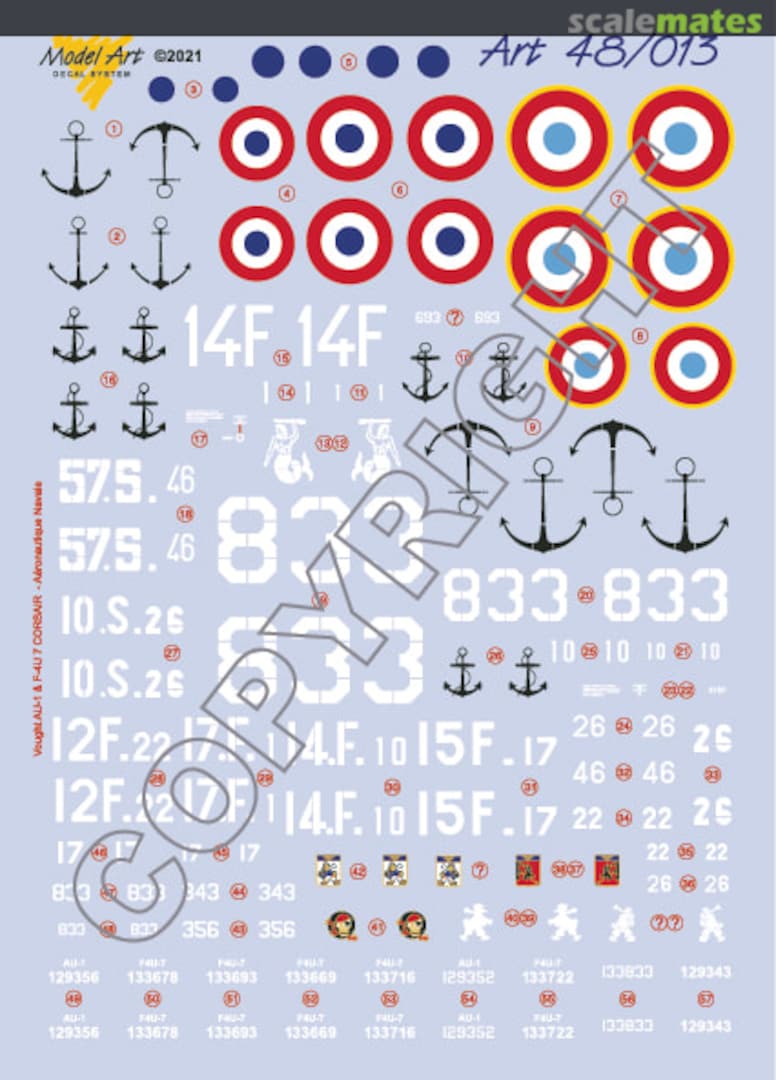 Boxart Vought AU-1 & F4U-7 Corsair (Aeronavale) 48/013 Model Art Decal System