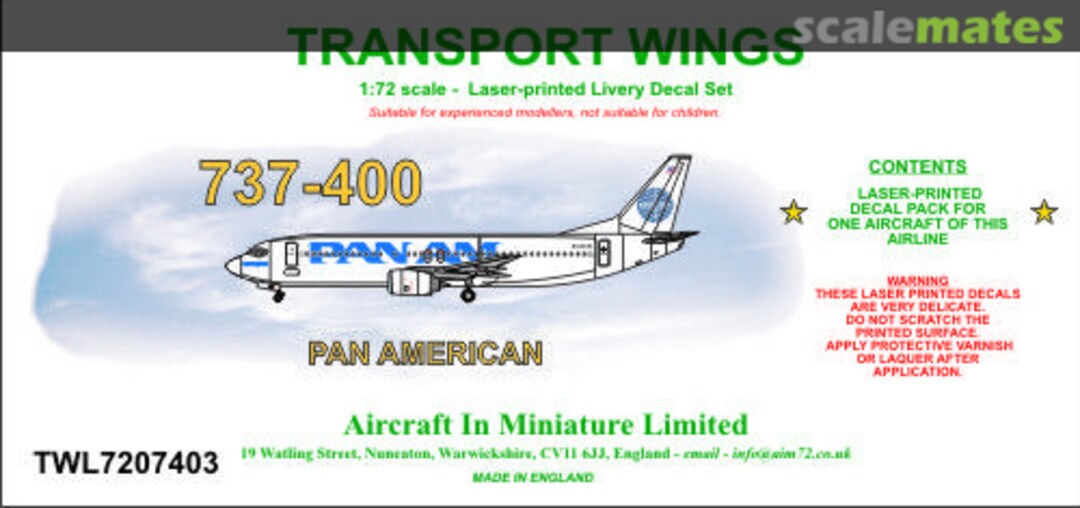 Boxart Boeing 737-400 decal set - Pan Am. TWL7207403 Aircraft In Miniature Ltd Boxart Boeing 737-400 decal set - Pan Am. TWL7207403 Aircraft In Miniature Ltd