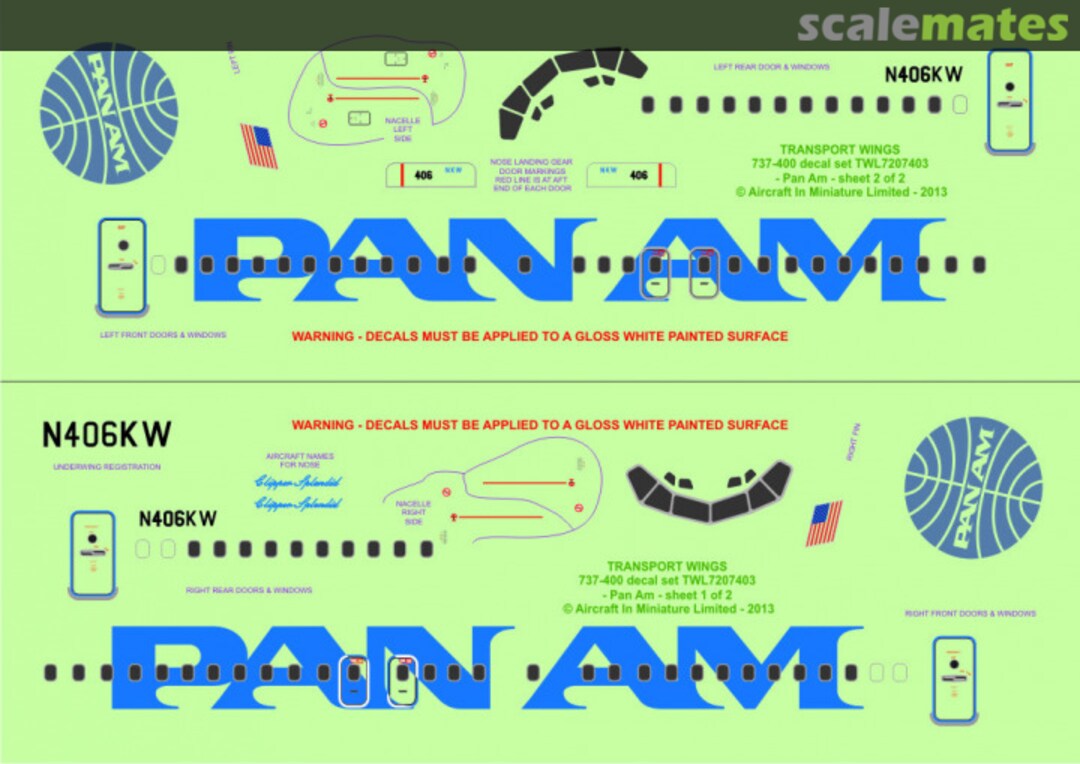 Contents Boeing 737-400 decal set - Pan Am. TWL7207403 Aircraft In Miniature Ltd Contents Boeing 737-400 decal set - Pan Am. TWL7207403 Aircraft In Miniature Ltd