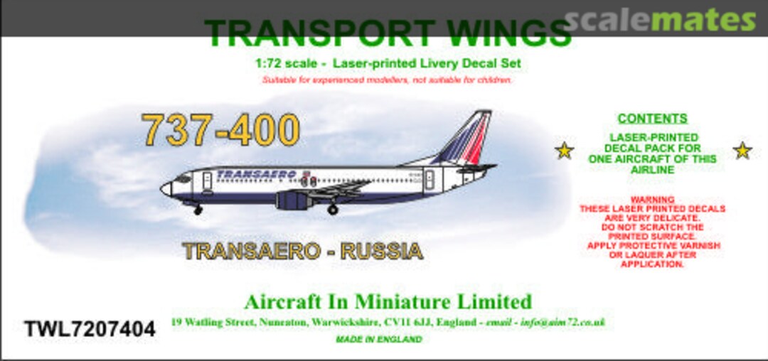 Boxart Boeing 737-400 decal set Transaero - Russia TWL7207404 Aircraft In Miniature Ltd Boxart Boeing 737-400 decal set Transaero - Russia TWL7207404 Aircraft In Miniature Ltd
