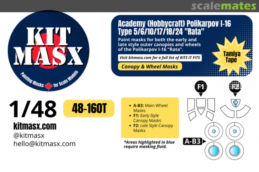 Boxart Polikarpov I-16 Type 5/6/10/17/18/24 'Rata', canopy & wheel masks 48-160T Kit Masx