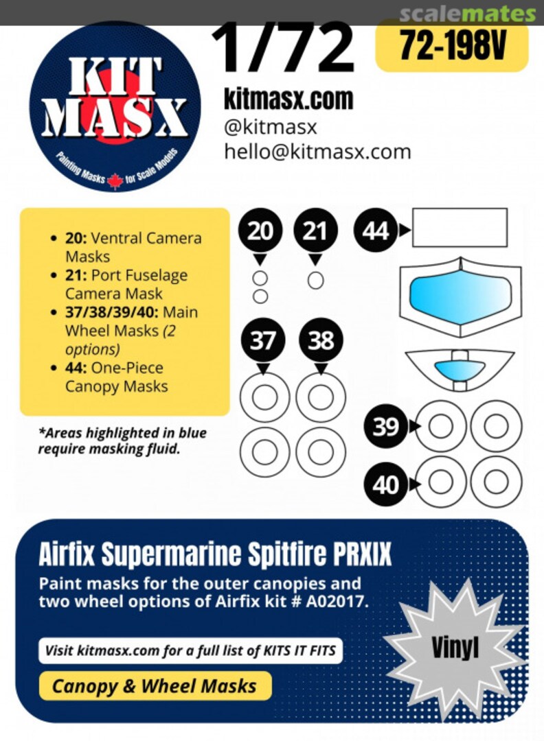 Boxart Supermarine Spitfire PRXIX, canopy & wheel masks 72-198V Kit Masx