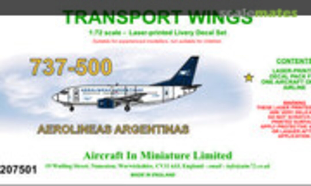 1:72 Boeing 737-500 decal set - Aerolineas Argentinas. (Aircraft In Miniature Ltd TWL7207501) TWL7207501