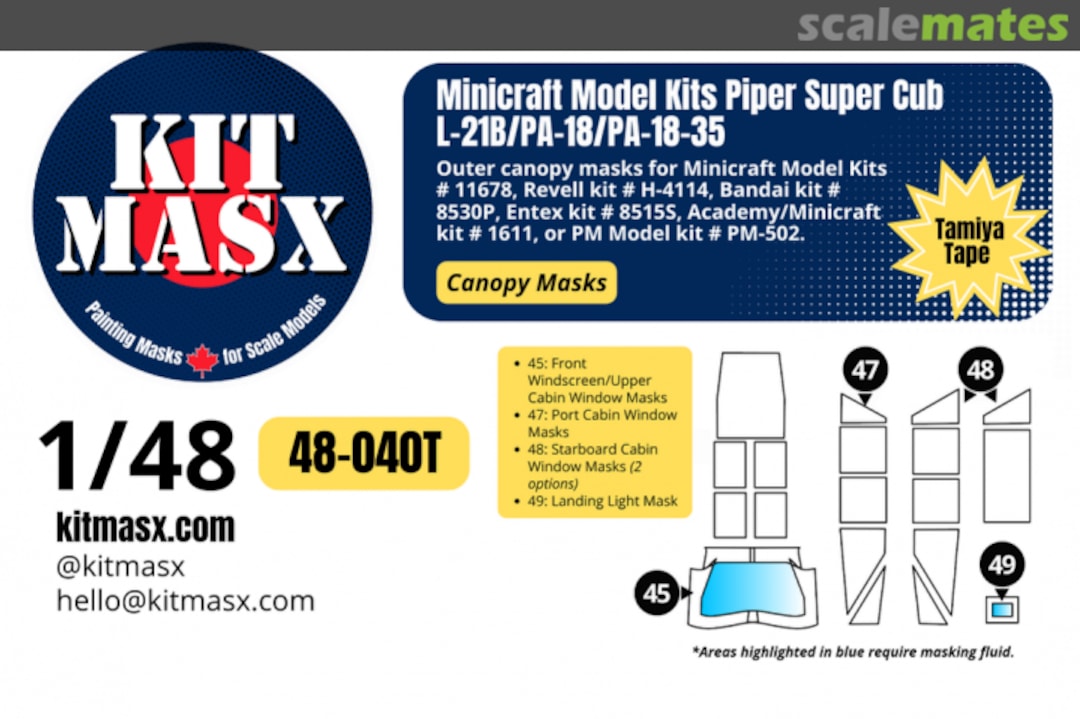 Boxart Piper Super Cub L-21B/PA-18/PA-18-35, canopy masks 48-040T Kit Masx Boxart Piper Super Cub L-21B/PA-18/PA-18-35, canopy masks 48-040T Kit Masx