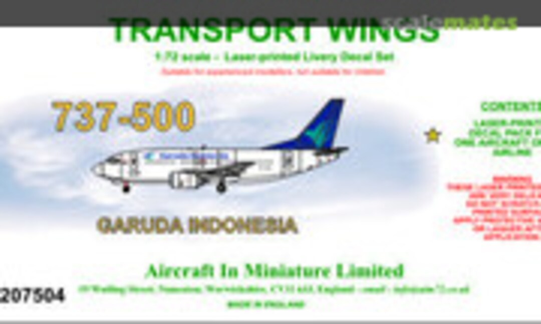 1:72 Boeing 737-500 decal set - Garuda Indonesia. (Aircraft In Miniature Ltd TWL7207504) TWL7207504