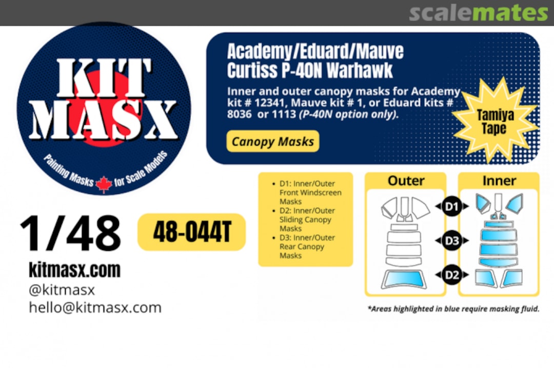 Boxart Curtiss P-40N Warhawk, canopy masks 48-044T Kit Masx Boxart Curtiss P-40N Warhawk, canopy masks 48-044T Kit Masx