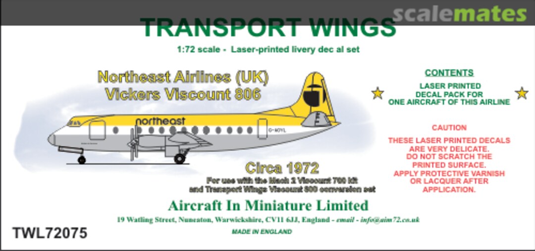 Boxart Northeast Airlines (UK) Vickers Viscount 806 - Circa 1972 TWL72075 Aircraft In Miniature Ltd Boxart Northeast Airlines (UK) Vickers Viscount 806 - Circa 1972 TWL72075 Aircraft In Miniature Ltd