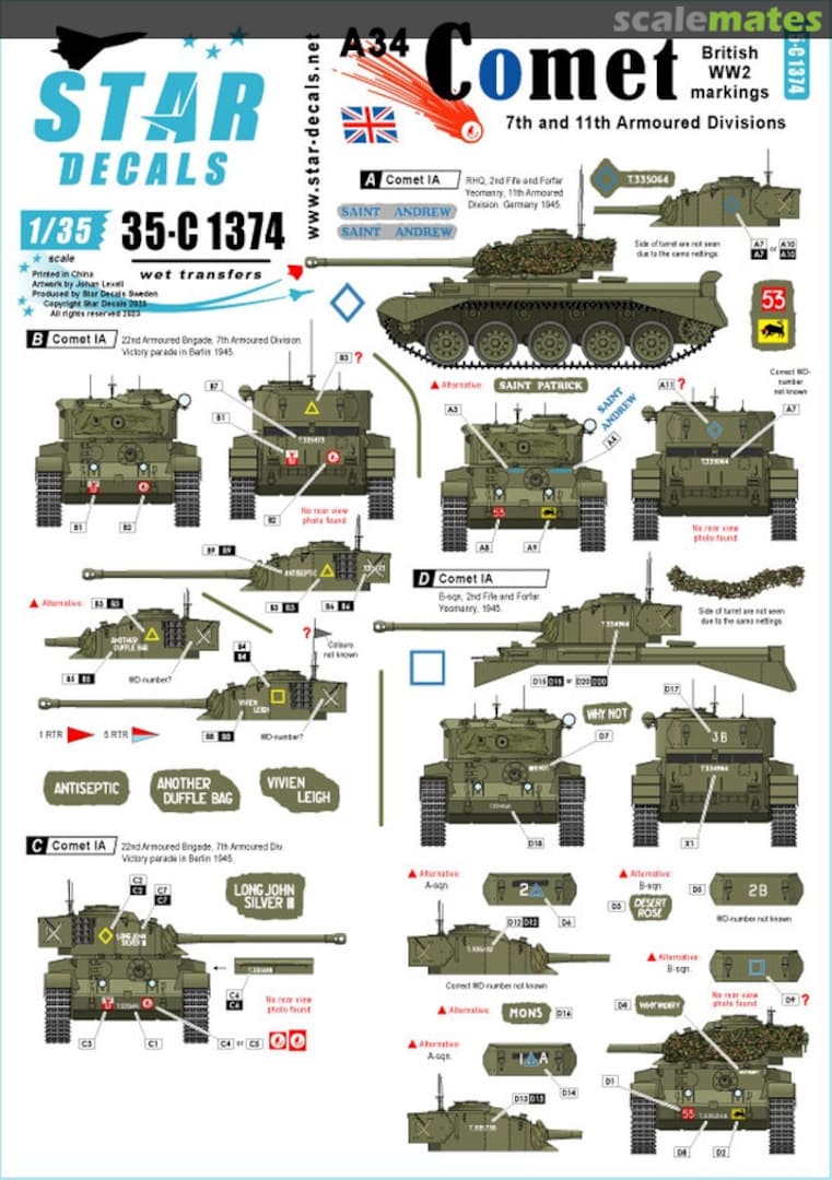 Boxart A34 Comet British WW2 markings 35-C1374 Star Decals