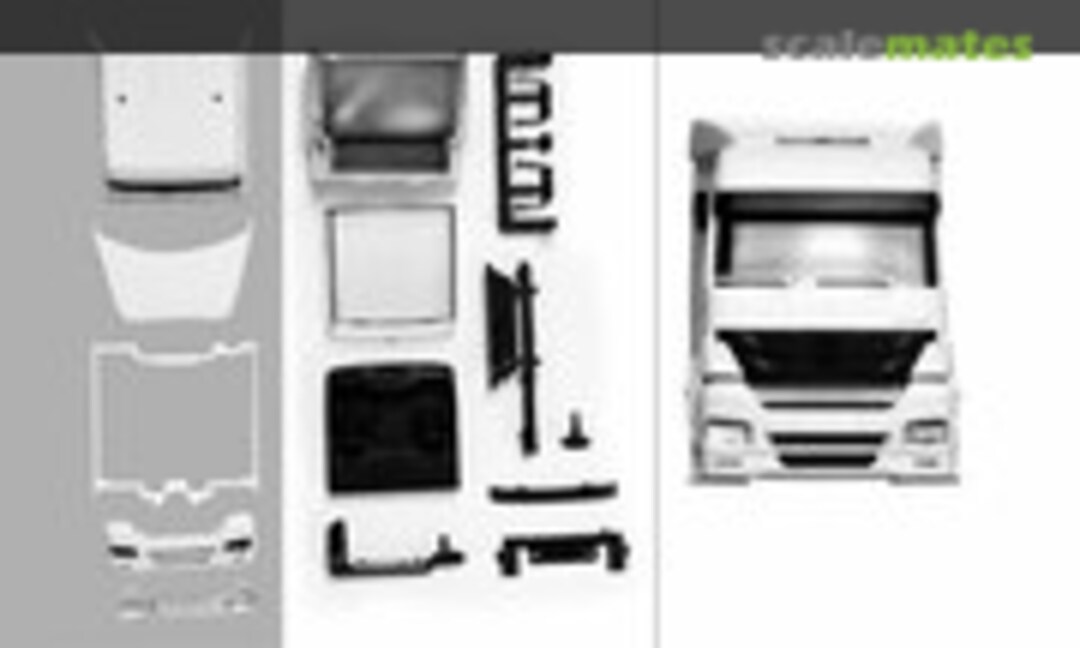 Mercedes-Benz Axor 2010 driver`s cabin with side skirtings and a roof spoiler (incl. rear-view mirror)Content: 2 pcs. (Herpa 083423)