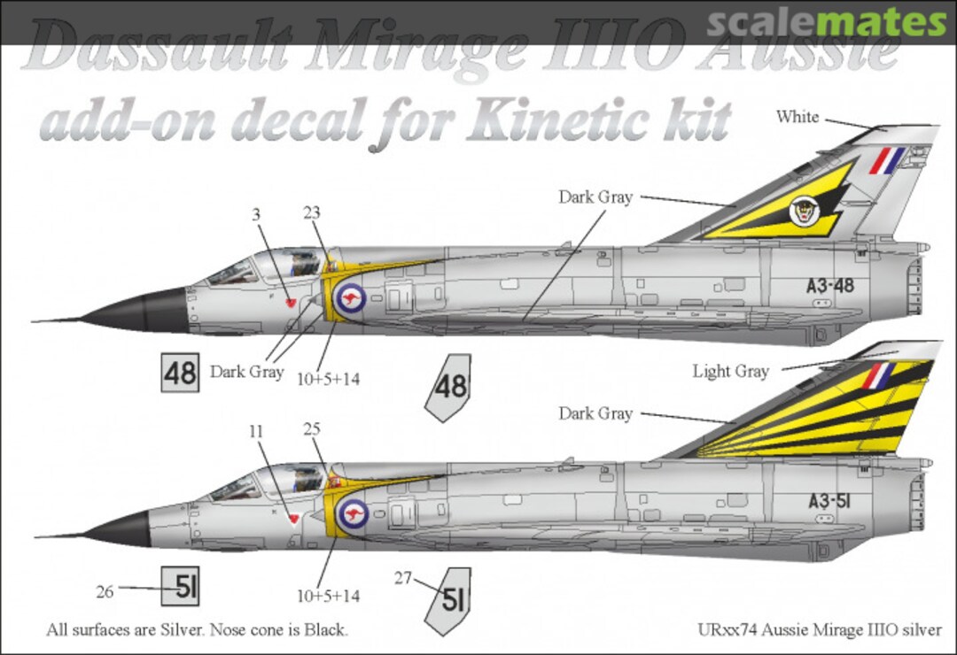 Boxart Mirage IIIO Aussie Silver-Yellow without stencils UR7274 UpRise Decal