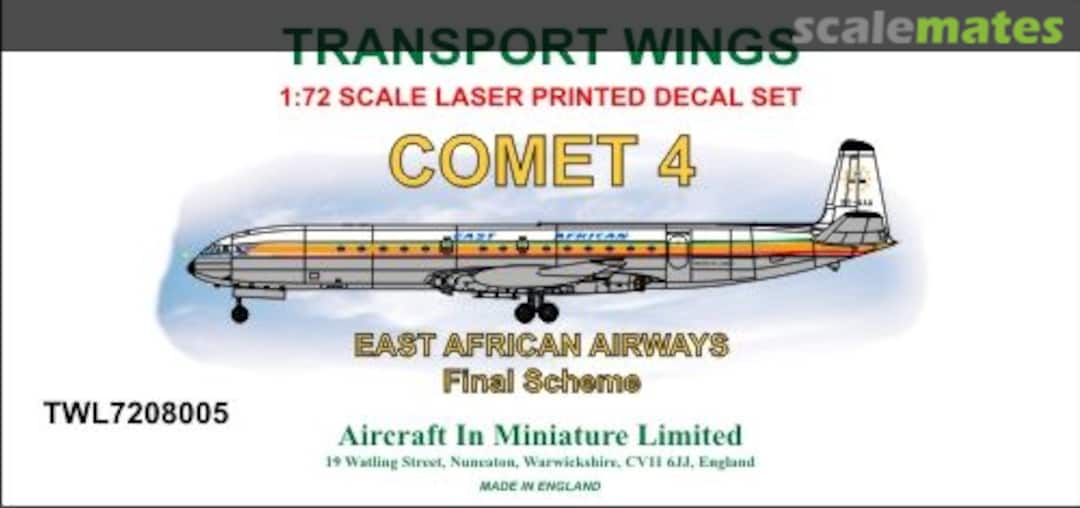 Boxart de Havilland Comet 4 decal set - East African Airways (final colour scheme) TWL7208005 Aircraft In Miniature Ltd Boxart de Havilland Comet 4 decal set - East African Airways (final colour scheme) TWL7208005 Aircraft In Miniature Ltd