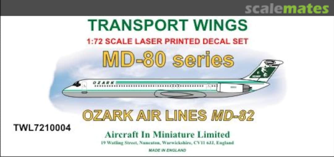 Boxart McDonnell-Douglas MD-80 decal set 'Ozark Air Lines MD 82. TWL7210004 Aircraft In Miniature Ltd Boxart McDonnell-Douglas MD-80 decal set 'Ozark Air Lines MD 82. TWL7210004 Aircraft In Miniature Ltd