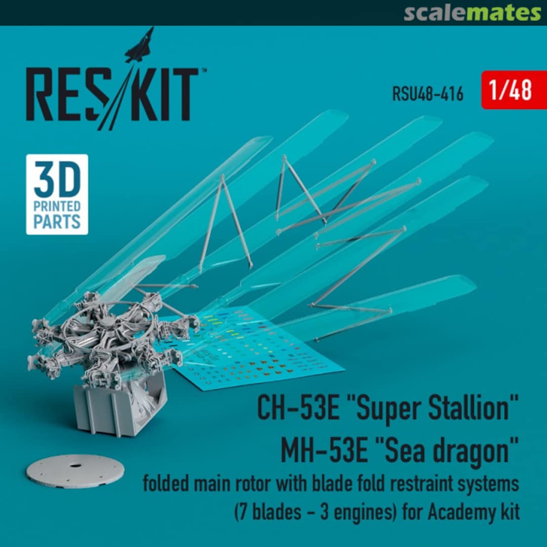 Boxart CH-53E Super Stallion, MH-53E Sea dragon folded main rotor with blade fold restraint systems (7 blades - 3 engines) (3D printed) RSU48-0416 ResKit Boxart CH-53E Super Stallion, MH-53E Sea dragon folded main rotor with blade fold restraint systems (7 blades - 3 engines) (3D printed) RSU48-0416 ResKit