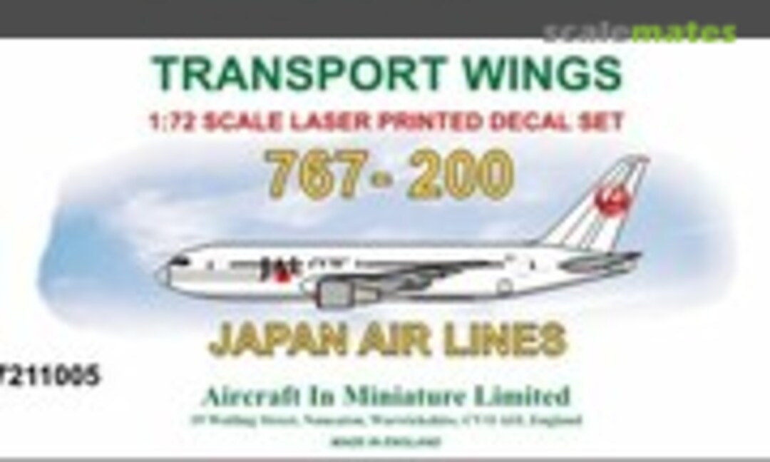 1:72 Boeing 767-200 decal set Japan Airlines. (Aircraft In Miniature Ltd TWL7211005) TWL7211005