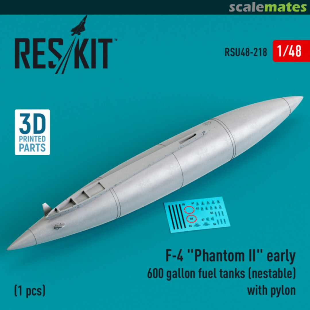 Boxart F-4 "Phantom II" early 600 gallon fuel tanks (nestable) with pylon (1 pcs) (3D Printed) RSU48-0218 ResKit