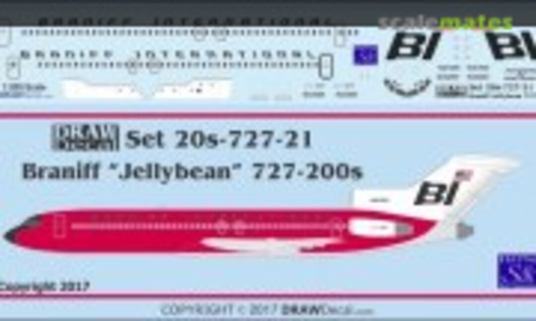 1:200 Braniff “Jellybean” 727-200s (Draw Decal 20-727-21) 20-727-21