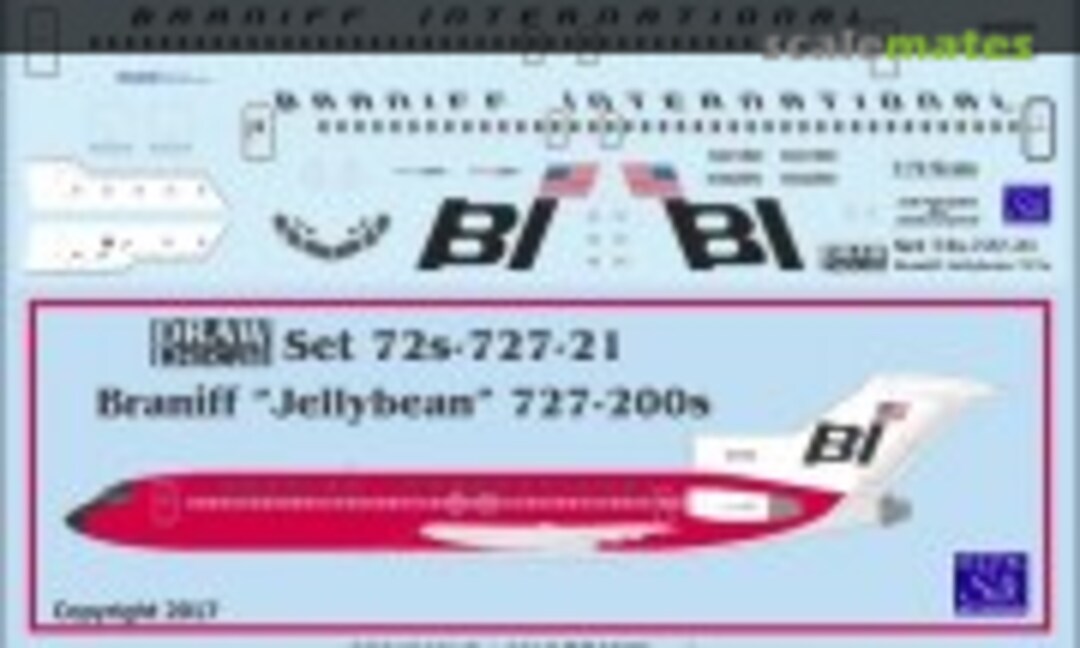 1:72 Braniff “Jellybean” 727-200s (Draw Decal 72-727-21) 72-727-21