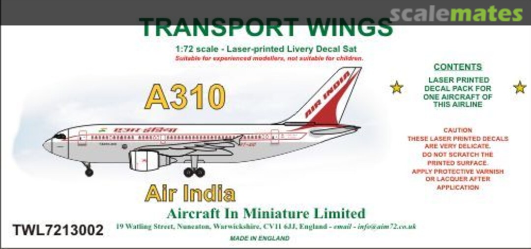 Boxart Airbus A310 decal set - Air India. TWL7213002 Aircraft In Miniature Ltd Boxart Airbus A310 decal set - Air India. TWL7213002 Aircraft In Miniature Ltd