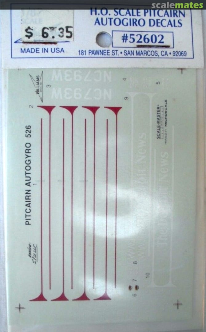 Boxart H.O. Scale Pitcairn Autogiro Decals 52602 Williams Brothers Boxart H.O. Scale Pitcairn Autogiro Decals 52602 Williams Brothers