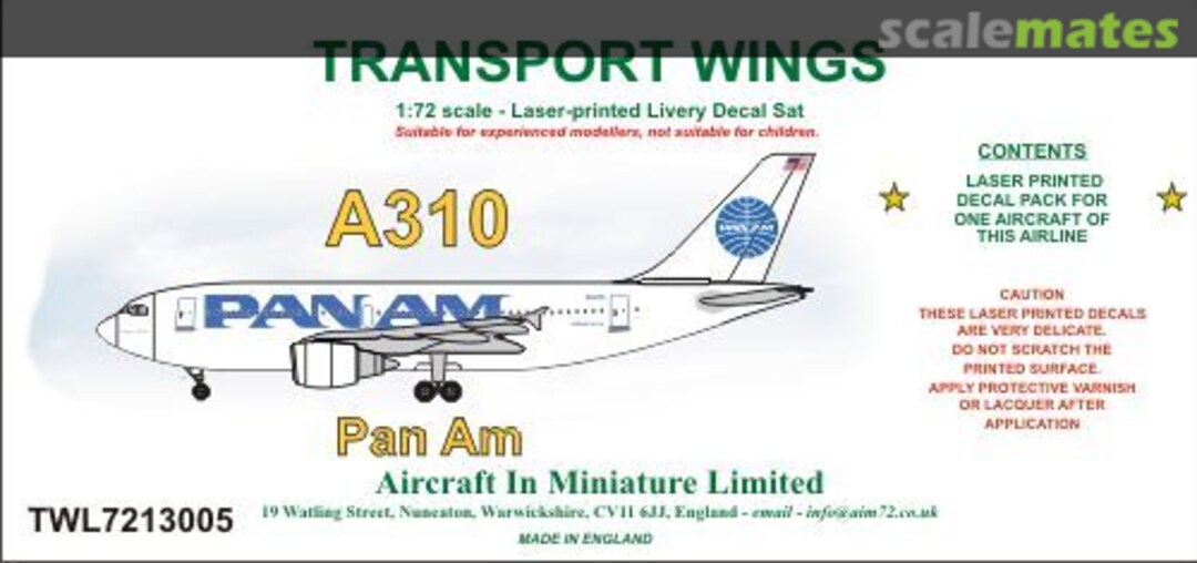 Boxart Airbus A310 decal set Pan Am. TWL7213005 Aircraft In Miniature Ltd