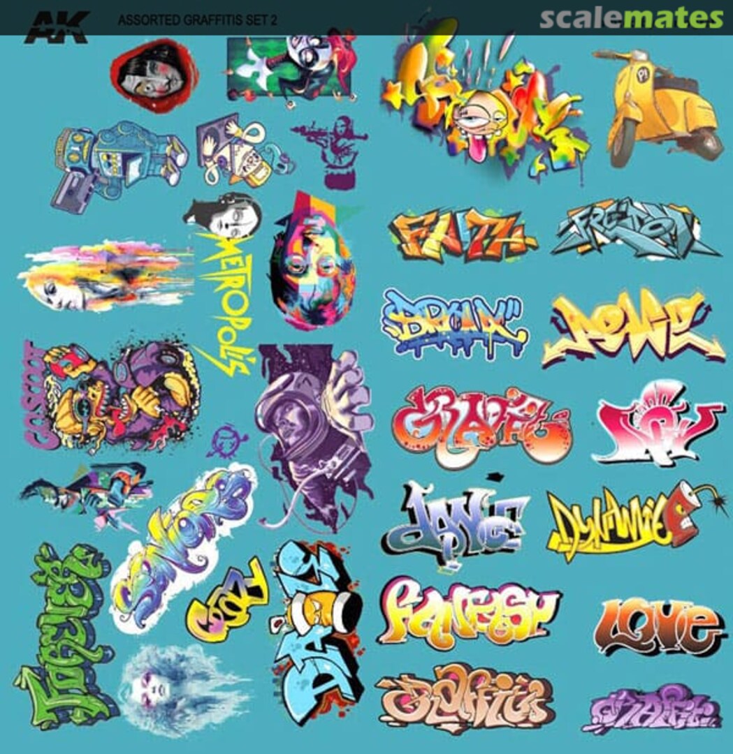 Boxart ASSORTED GRAFFITI DECALS 1/32 - - 1/72 AK-9091 AK Interactive