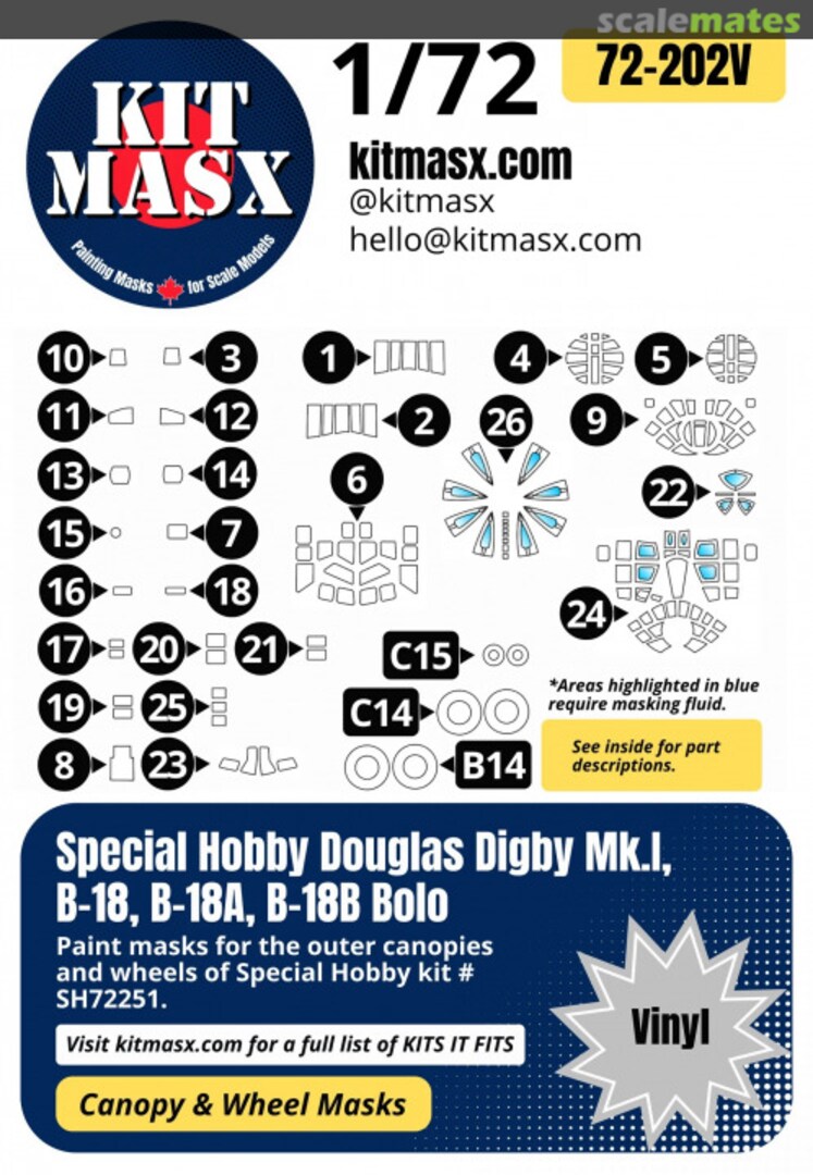 Boxart Douglas Digby Mk.I, B-18, B-18A, B-18B Bolo, Canopy & Wheel Masks 72-202V Kit Masx Boxart Douglas Digby Mk.I, B-18, B-18A, B-18B Bolo, Canopy & Wheel Masks 72-202V Kit Masx