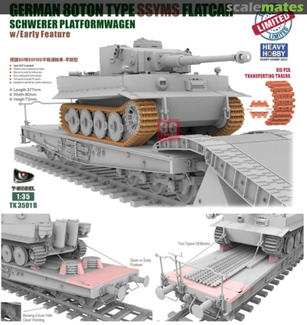 Boxart 80-ton Type SSYMS Flatcar (Schwerer Platformwagen) w\early feature TK3501B T-Model Boxart 80-ton Type SSYMS Flatcar (Schwerer Platformwagen) w\early feature TK3501B T-Model