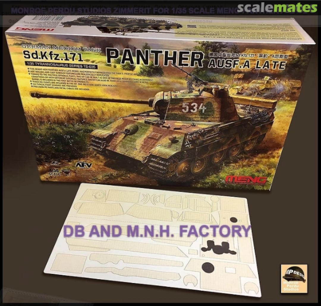 Boxart DB AND M.N.H. FACTORIES ZIMMERIT FOR MENG PANTHER A LATE MPD-112 Monroe Perdu Studios Boxart DB AND M.N.H. FACTORIES ZIMMERIT FOR MENG PANTHER A LATE MPD-112 Monroe Perdu Studios