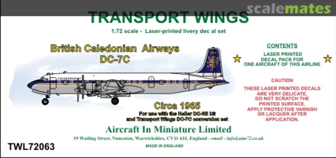 Boxart British Caledonian Airways Douglas DC-7C (circa 1965) TWL72063 Aircraft In Miniature Ltd Boxart British Caledonian Airways Douglas DC-7C (circa 1965) TWL72063 Aircraft In Miniature Ltd