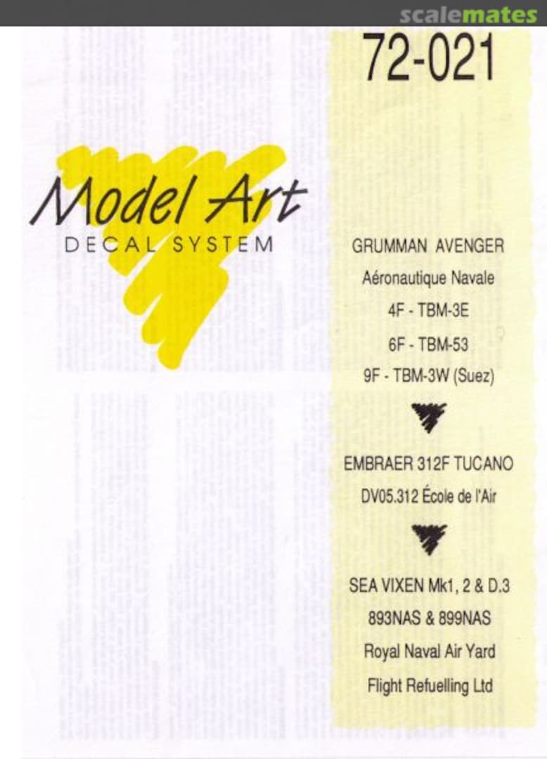 Boxart Grumman Avenger, Embraer 312F Tucano, Sea Vixen Mk.1 72/021 Model Art Decal System Boxart Grumman Avenger, Embraer 312F Tucano, Sea Vixen Mk.1 72/021 Model Art Decal System