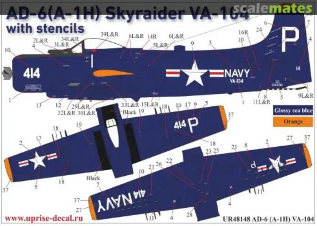 Boxart AD-6 (A-1H) Skyraider VA-104 w/ Stencils UR40148 UpRise Decal Boxart AD-6 (A-1H) Skyraider VA-104 w/ Stencils UR40148 UpRise Decal
