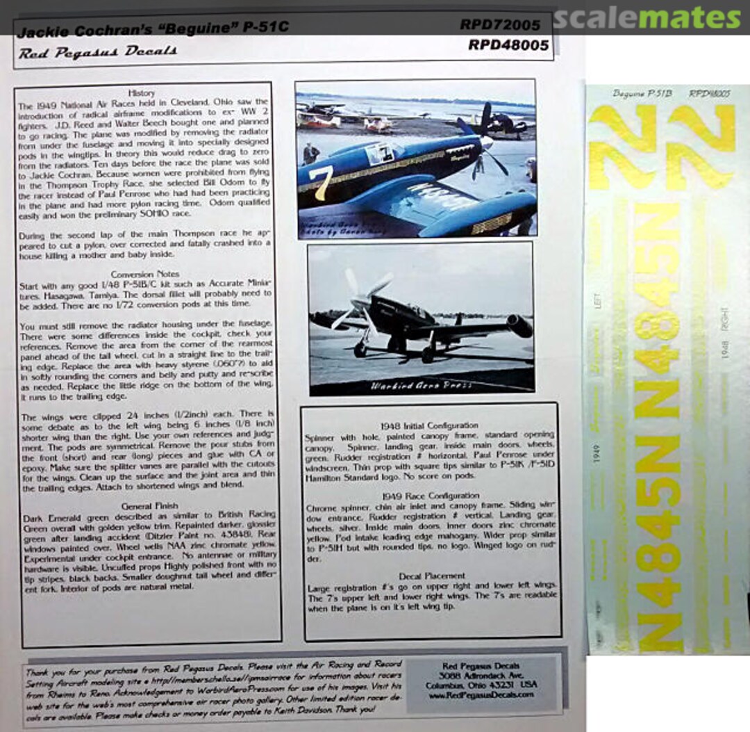 Boxart Jackie Cochran's "Beguine" P-51C RPD72005 Red Pegasus Decals Boxart Jackie Cochran's "Beguine" P-51C RPD72005 Red Pegasus Decals