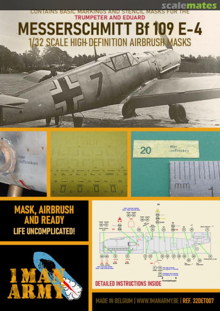 Boxart Messerschmitt Bf-109E-4 stencilling and national insignia masks 32DET007 1ManArmy Boxart Messerschmitt Bf-109E-4 stencilling and national insignia masks 32DET007 1ManArmy