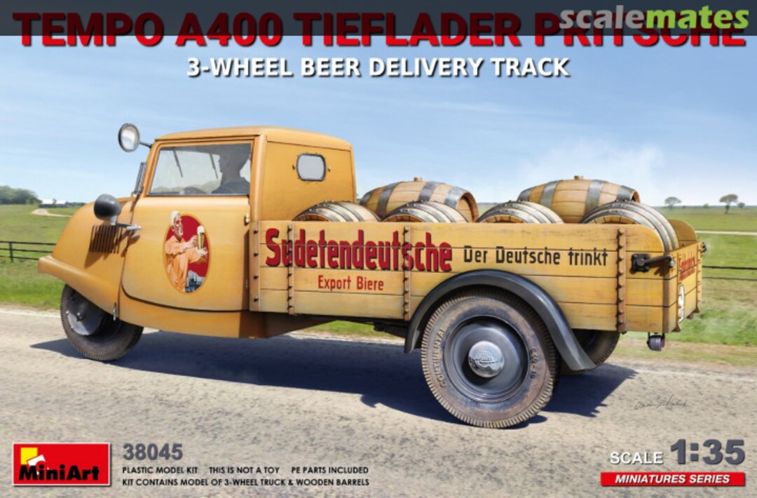 Boxart Tempo A400 Tieflader Pritsche 3-Wheel Beer Delivery Truck 38045 MiniArt Boxart Tempo A400 Tieflader Pritsche 3-Wheel Beer Delivery Truck 38045 MiniArt