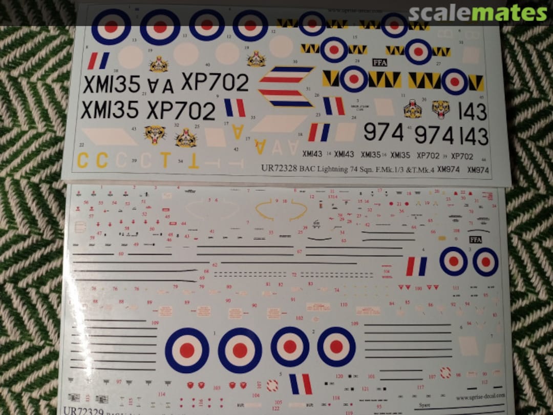 Contents BAC Lightning 74 Sqn. F.Mk.1/3 &T.Mk.4 with stencils UR72328 UpRise Decal Contents BAC Lightning 74 Sqn. F.Mk.1/3 &T.Mk.4 with stencils UR72328 UpRise Decal