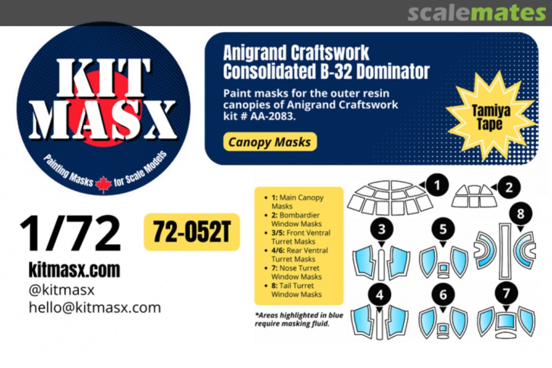 Boxart Consolidated B-32 Dominator, canopy masks 72-052T Kit Masx Boxart Consolidated B-32 Dominator, canopy masks 72-052T Kit Masx