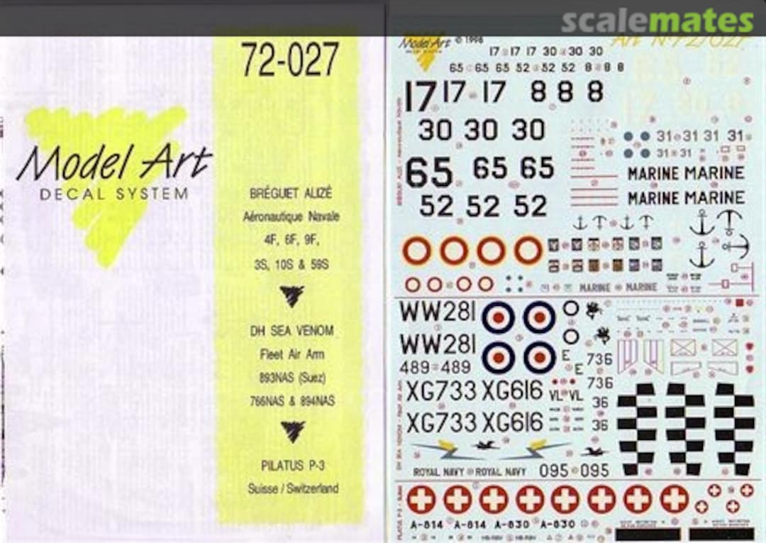 Boxart Bréguet Alizé; DH Sea Venom; Pilatus P-3 72/027 Model Art Decal System Boxart Bréguet Alizé; DH Sea Venom; Pilatus P-3 72/027 Model Art Decal System