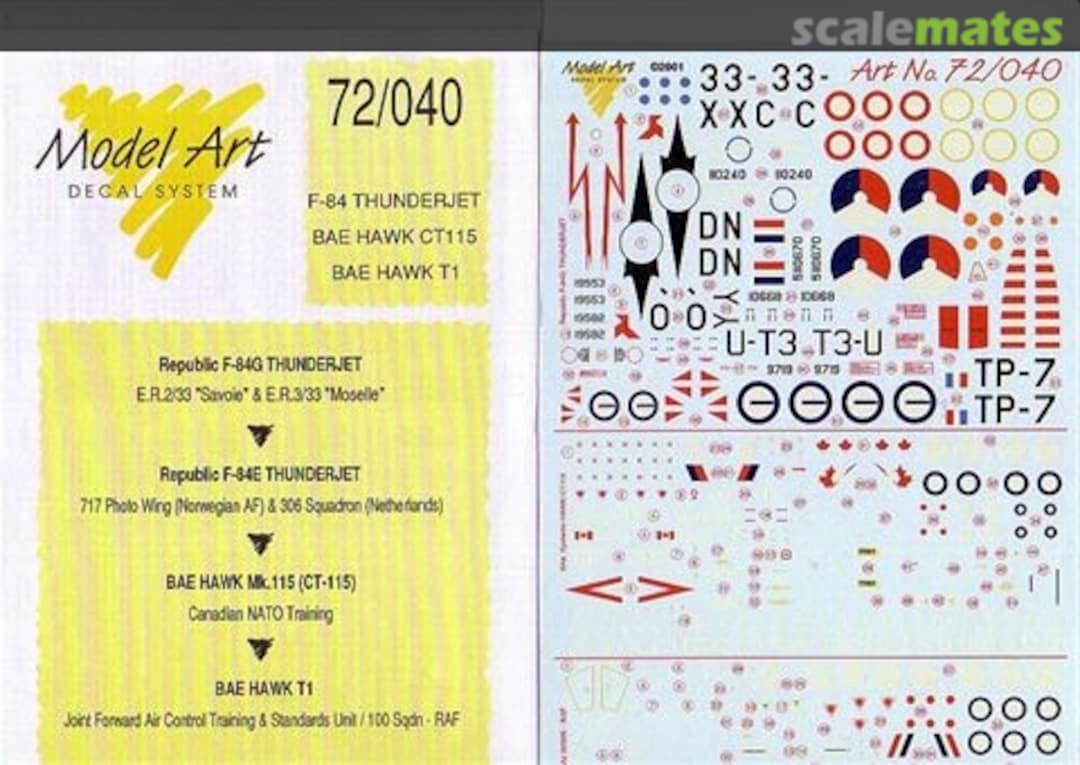 Boxart F-84 Thunderjet; BAE Hawk CT115; & T1 72/040 Model Art Decal System Boxart F-84 Thunderjet; BAE Hawk CT115; & T1 72/040 Model Art Decal System