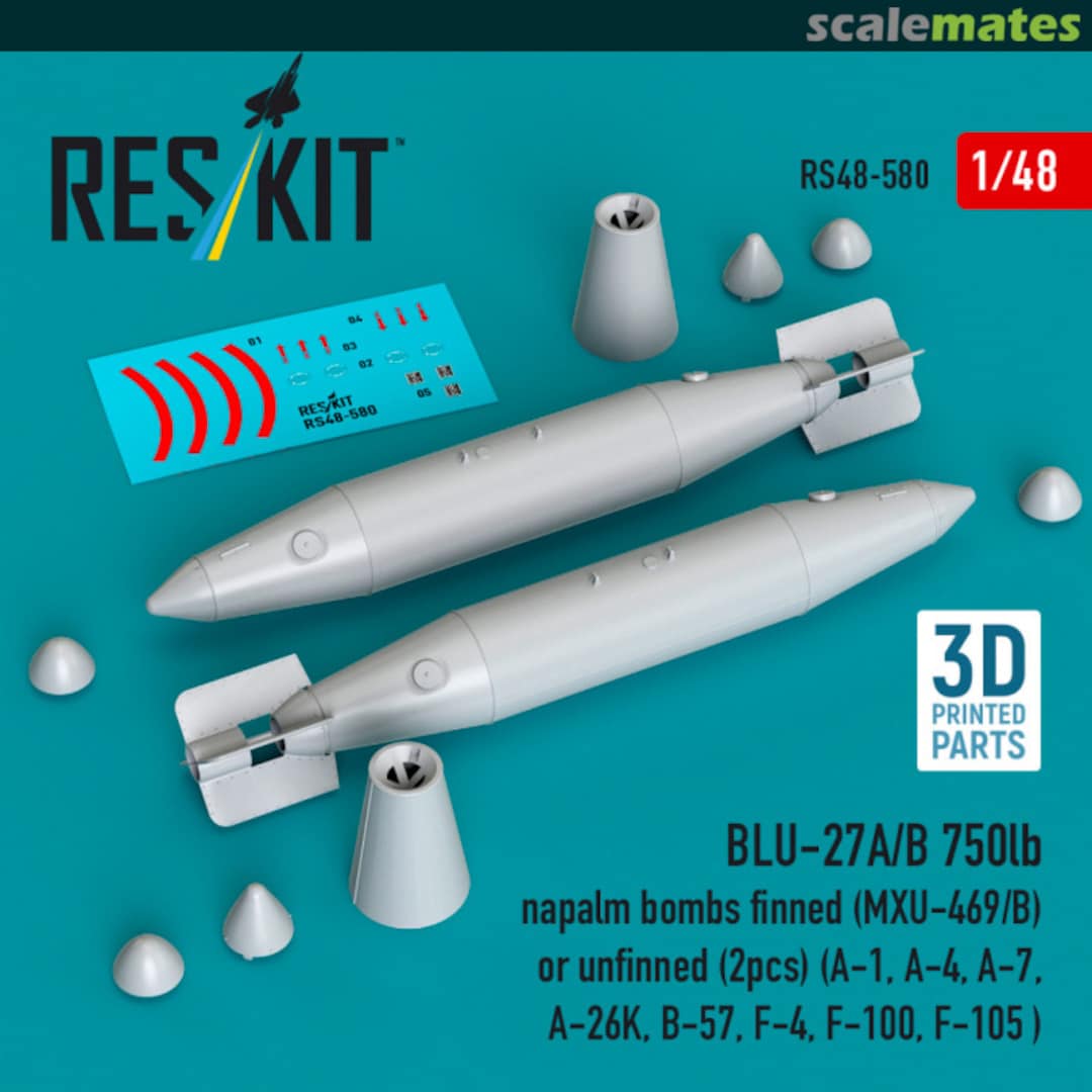 Boxart BLU-27A/B 750lb napalm bombs finned (MXU-469/B) or unfinned (2 pcs) (A-1, A-4, A-7, A-26K, B-57, F-4, F-100, F-105) (3D Printed) RS48-0580 ResKit Boxart BLU-27A/B 750lb napalm bombs finned (MXU-469/B) or unfinned (2 pcs) (A-1, A-4, A-7, A-26K, B-57, F-4, F-100, F-105) (3D Printed) RS48-0580 ResKit