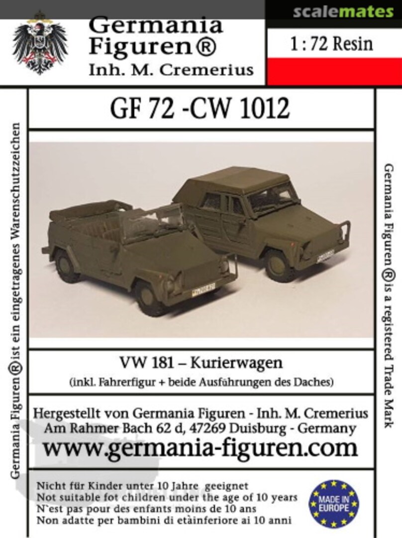 Boxart VW 181 Kurierwagen GF 72-CW 1012 Germania Figuren Boxart VW 181 Kurierwagen GF 72-CW 1012 Germania Figuren