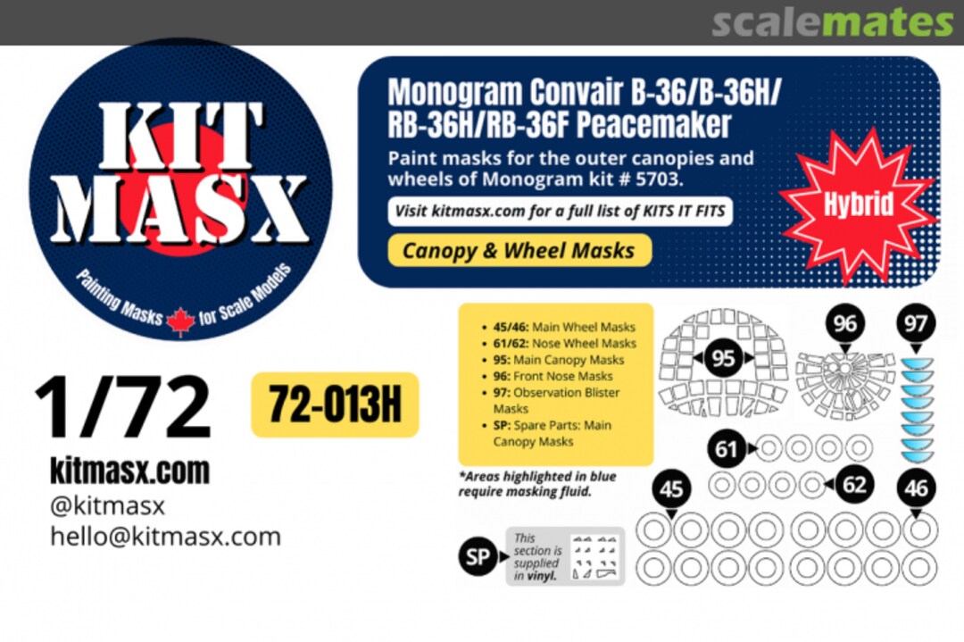 Boxart Convair B-36/B-36H/RB36H/RB-36F Peacemaker, canopy & wheel masks 72-013H Kit Masx