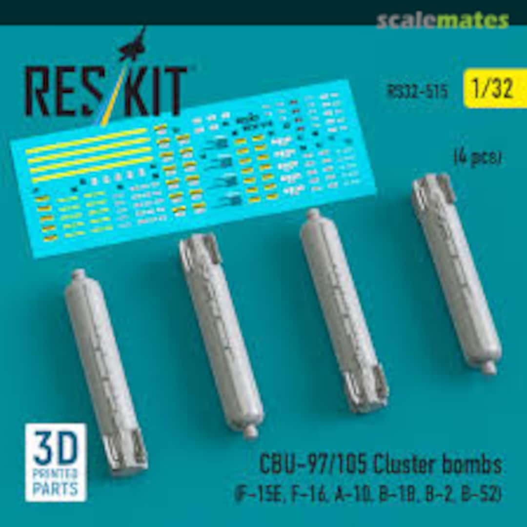 Boxart CBU-97/105 cluster bombs (4 pcs) (F-15E, F-16, A-10, B-1B, B-2, B-52) (3D Printed) RS32-0515 ResKit Boxart CBU-97/105 cluster bombs (4 pcs) (F-15E, F-16, A-10, B-1B, B-2, B-52) (3D Printed) RS32-0515 ResKit