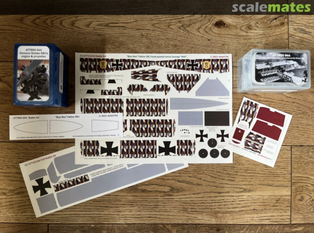 Boxart "Blue Max" Fokker DR.I hand-painted movie lozenge decals and 3d printed conversion set "Willi von Klugermann" ATT32339 Aviattic Boxart "Blue Max" Fokker DR.I hand-painted movie lozenge decals and 3d printed conversion set "Willi von Klugermann" ATT32339 Aviattic