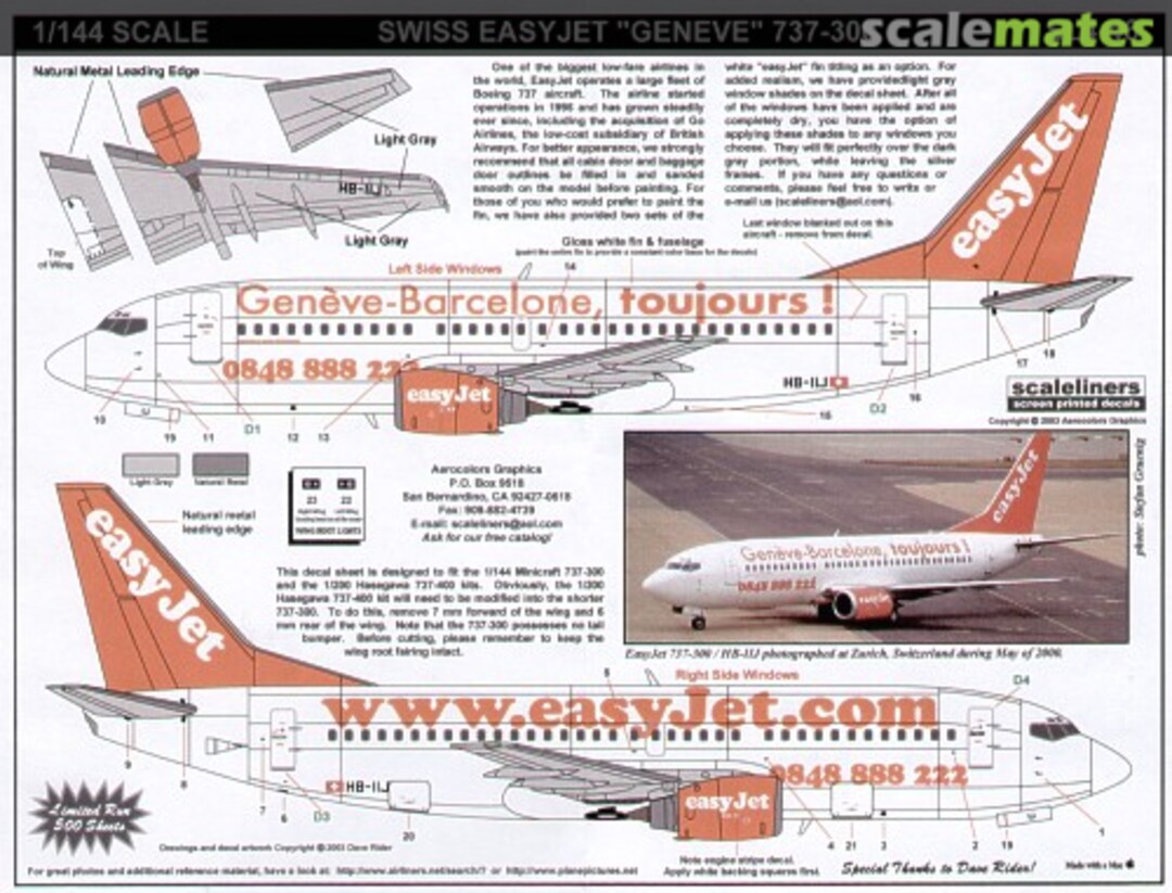 Boxart Swiss EasyJet "Geneve-Barcelone, tourjours!' 737-300 SL4-46 Scaleliners Decals Boxart Swiss EasyJet "Geneve-Barcelone, tourjours!' 737-300 SL4-46 Scaleliners Decals