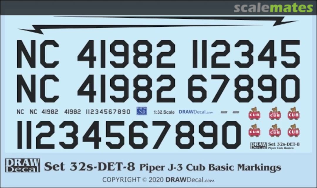 Boxart Piper J-3 Cub Basic Markings 32-DET-08 Draw Decal