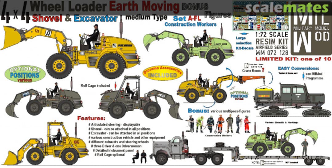 Boxart 4x4 Wheel Loader Earth Moving w. Shovel & Excavator Roll Cage MM 72 128 Mil Mod Boxart 4x4 Wheel Loader Earth Moving w. Shovel & Excavator Roll Cage MM 72 128 Mil Mod