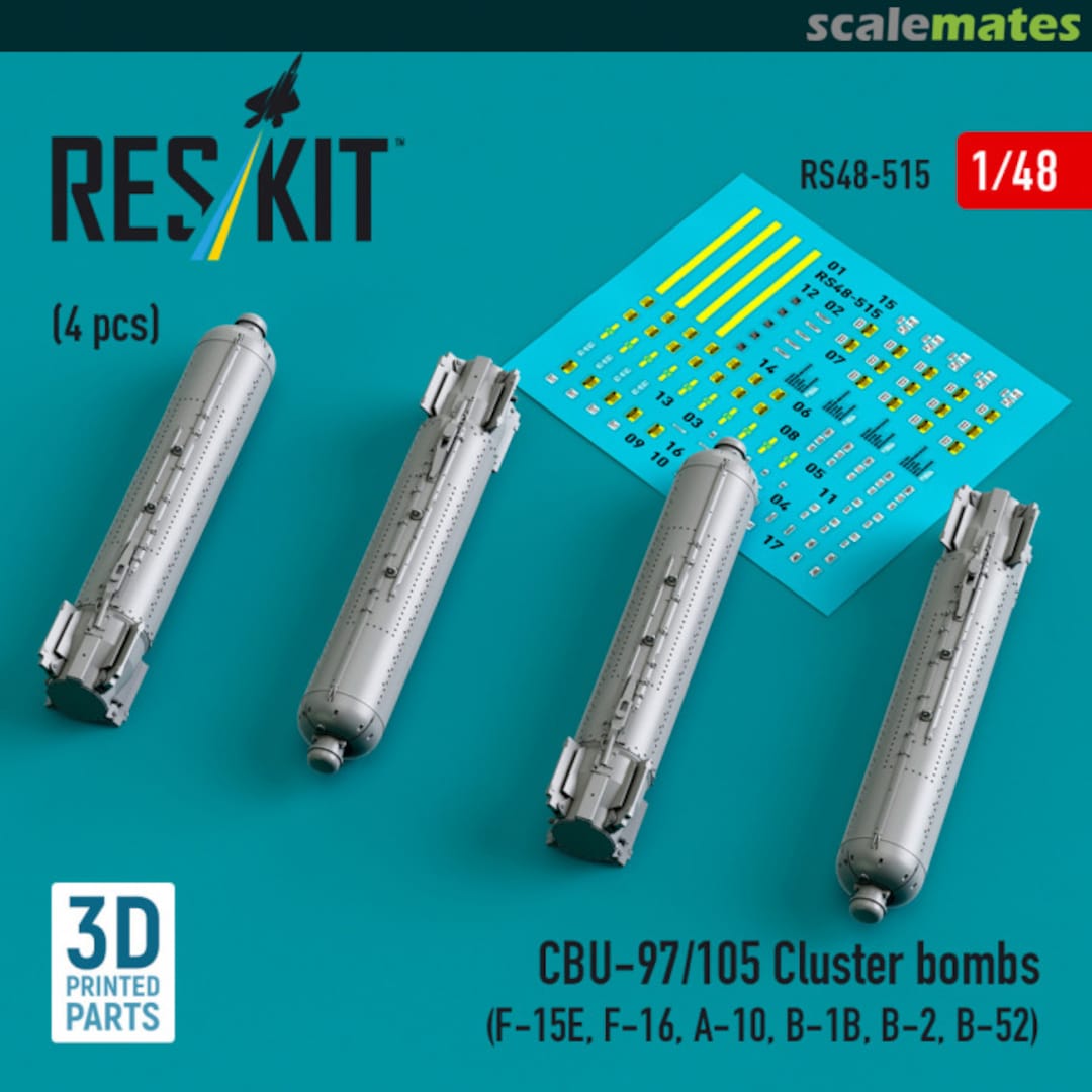 Boxart CBU-97/105 cluster bombs (4 pcs) (F-15E, F-16, A-10, B-1B, B-2, B-52) (3D Printed) RS48-0515 ResKit Boxart CBU-97/105 cluster bombs (4 pcs) (F-15E, F-16, A-10, B-1B, B-2, B-52) (3D Printed) RS48-0515 ResKit