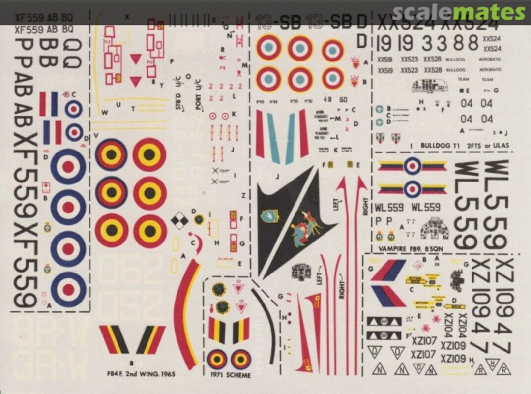 Boxart Mirage M5F, l'Armée de l'Air; F-84F, Belgian A.F; Provost T1, Bulldog T1 Jaguar GR1 & Vampire FB9, RAF 38 Modeldecal Boxart Mirage M5F, l'Armée de l'Air; F-84F, Belgian A.F; Provost T1, Bulldog T1 Jaguar GR1 & Vampire FB9, RAF 38 Modeldecal