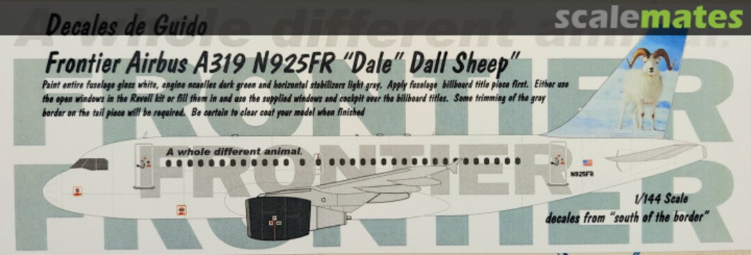 Boxart Frontier Airbus A319 N925FR "Dale" Dall Sheep DG-144-01 Decales de Guido Boxart Frontier Airbus A319 N925FR "Dale" Dall Sheep DG-144-01 Decales de Guido