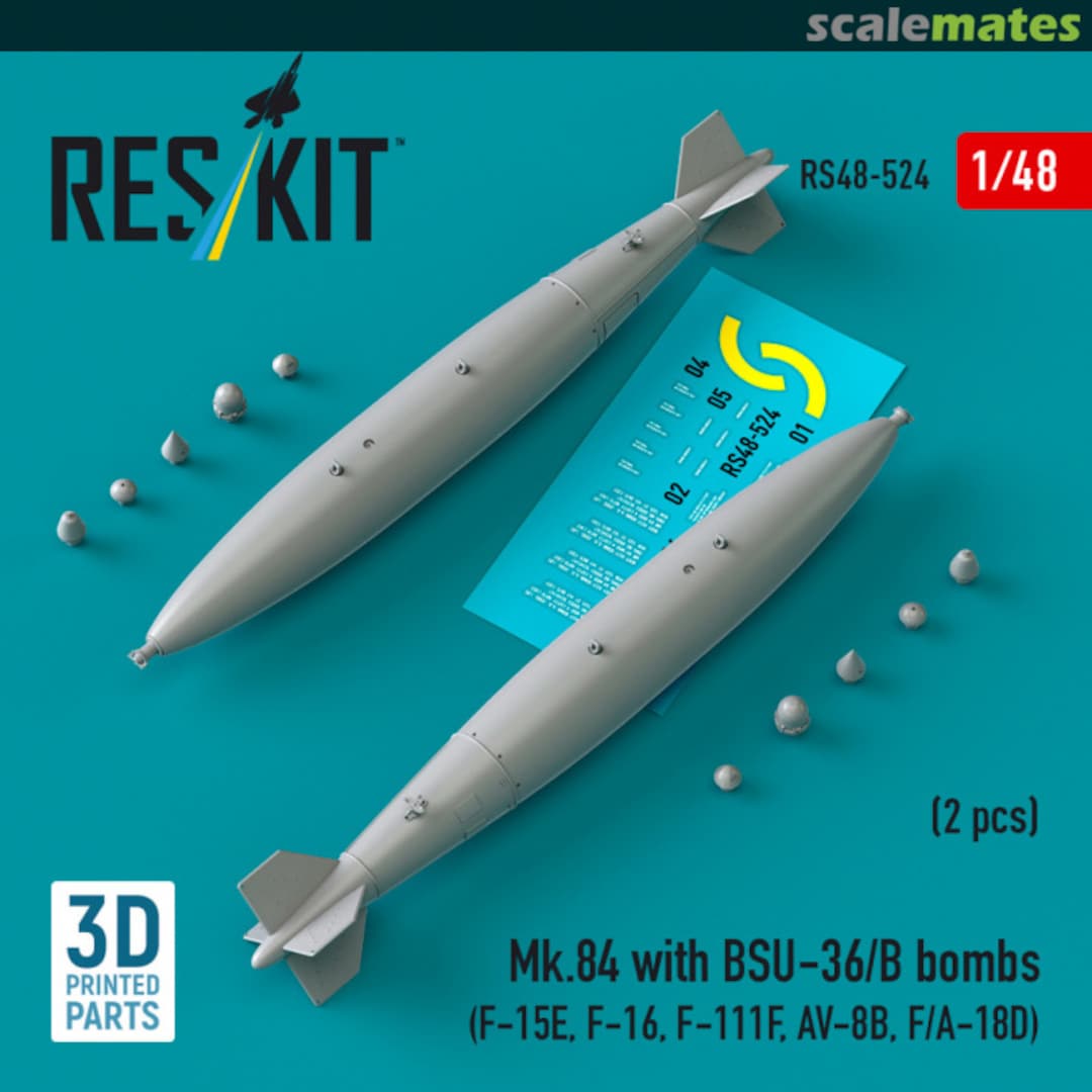Boxart Mk.84 bombs with BSU-36/B (2 pcs) (F-15E, F-16, F-111F, AV-8B, F/A-18D) (3D Printed) RS48-0524 ResKit Boxart Mk.84 bombs with BSU-36/B (2 pcs) (F-15E, F-16, F-111F, AV-8B, F/A-18D) (3D Printed) RS48-0524 ResKit